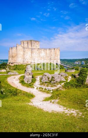 Le mur intérieur et le donjon du château médiéval fortifié Château-Gaillard, construit en Normandie par Richard coeur de Lion au XIIe siècle. Banque D'Images