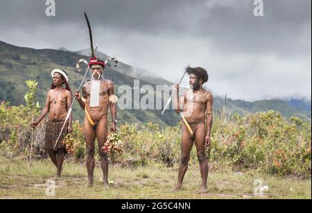 Baliem Valley, en Papouasie occidentale, en Indonésie, 15 février 2016 : les gens de la tribu dani Baliem Valley dans leurs tenues traditionnelles Banque D'Images