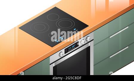 cuisine cuisinière à induction avec four dans la vue isométrique équipement pour la cuisson de nourriture maison appareil Illustration de Vecteur