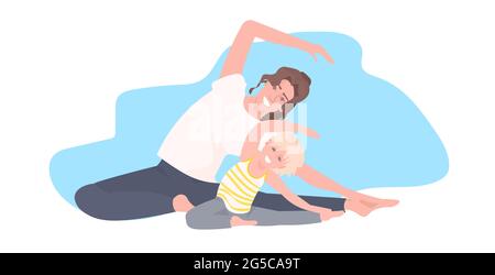 mère avec fille faisant des exercices physiques femme engagée dans la forme physique ou le yoga avec petite fille Illustration de Vecteur