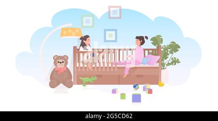 les petits enfants jouant des jouets dans le berceau mignons filles ayant le plaisir à la maison ou maternelle concept d'enfance Illustration de Vecteur