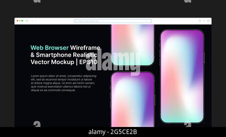 Navigateur Web Wireframe et smartphone Realistic Vector Mockup. Diapositive horizontale en dégradé pour la présentation. Illustration vectorielle Illustration de Vecteur