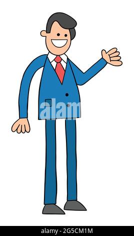 Dessin animé homme d'affaires heureux debout, illustration vectorielle. Contours colorés et noirs. Illustration de Vecteur