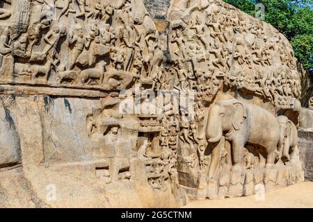 La pénitence d'Arjuna à Mamallapuram, site classé au patrimoine mondial de l'UNESCO à Tamil Nadu, Inde du Sud, Asie Banque D'Images