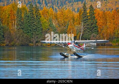 Un avion de brousse atterrit dans le lac Alaskan Banque D'Images