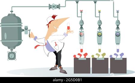 Sourire médecin fait des médicaments. Illustration. Gaieté médecin travaille sur la plante produisant des pilules isolées sur blanc Illustration de Vecteur