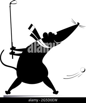 Dessin animé rat ou souris joue l'illustration de golf. Drôle de rat ou de souris essaie de faire un bon coup de pied noir sur blanc Illustration de Vecteur