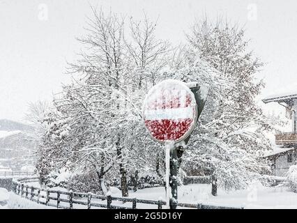 Pas de panneau d'entrée, pour trafic interdit. Hiver, branches dans le givre. Givre. Banque D'Images