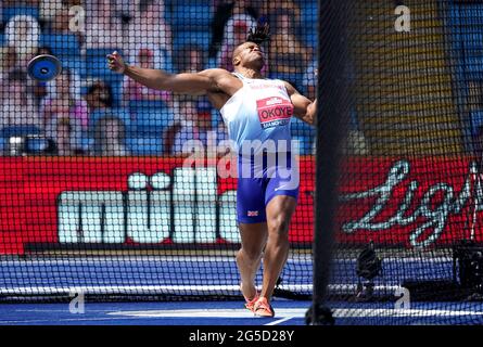 Lawrence Okoye en action pendant la Discus des hommes pendant le deuxième jour des Championnats d'athlétisme britannique Muller à l'arène régionale de Manchester. Date de la photo: Samedi 26 juin 2021. Banque D'Images