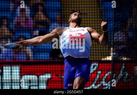 Lawrence Okoye en action pendant la Discus des hommes pendant le deuxième jour des Championnats d'athlétisme britannique Muller à l'arène régionale de Manchester. Date de la photo: Samedi 26 juin 2021. Banque D'Images