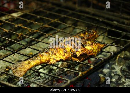 Deux poissons de mer crus prêts à cuire sur un plat de cuisson avec du papier d'assaisonnement et des tranches de citron sur fond blanc isolé Banque D'Images