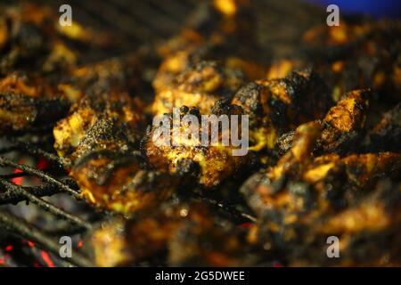 Délicieux ailes de poulet et barbecue d'agneau sur le gril chaud Banque D'Images