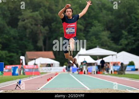 BREDA, PAYS-BAS - JUIN 26 : David le Caire des pays-Bas participant au Mens long Jump lors des Championnats d'athlétisme néerlandais 2021 au complexe sportif Dr Schaepmanlaan le 26 juin 2021 à Breda, pays-Bas (photo d'Andy Astfalck/Orange Pictures) Banque D'Images