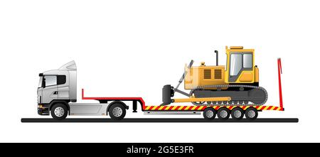 Image d'une semi-remorque à chargeur surbaissé européenne moderne avec chargement. Bulldozer Goose. Transport de matériel de construction. Illustration vectorielle plate. Illustration de Vecteur