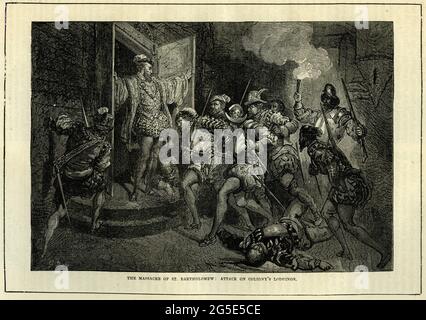 Gravure de l'amiral Coligny face à ses ennemis pendant le massacre de Saint Bartholemée, quand les catholiques se sont levés contre leurs voisins Hugeunot en France, et Coligny a été assassiné. Banque D'Images