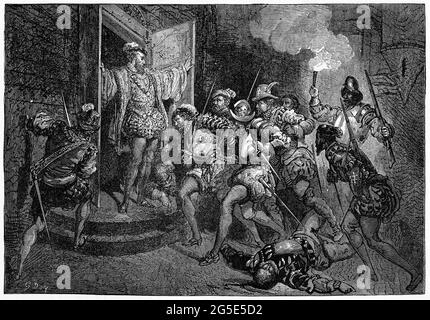 Gravure de l'amiral Coligny face à ses ennemis pendant le massacre de Saint Bartholemée, quand les catholiques se sont levés contre leurs voisins Hugeunot en France, et Coligny a été assassiné. Banque D'Images