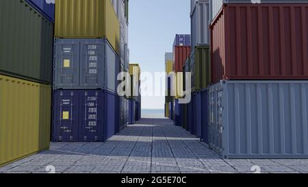 Outils de fret portuaire. Pile de conteneurs dans un quai Banque D'Images