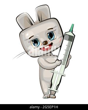 L'enfant est injecté avec une seringue. Lièvre. Médecine pour enfants. Illustration de dessin animé d'arrière-plan pour les enfants. Animal joyeux. Pédiatrie de la pharmacie. FL Illustration de Vecteur