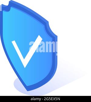 Icône de bouclier bleu isolée avec coche sur fond blanc. Illustration isométrique à vecteur plat. Illustration de Vecteur