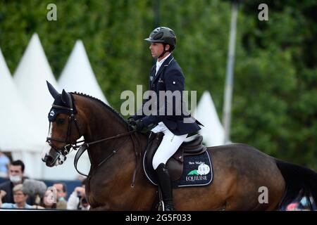 Ben MAHER (GBR) à cheval BLEU-GINGEMBRE, Longines Global Champions Tour, Grand Prix de Paris Prix de Paris pendant le Longines Paris Eiffel Jumping 2021, Longines Global Champions Tour Equestrian CSI 5 le 26 juin 2021 au champ de Mars à Paris, France - photo Christophe Bricot / DPPI Banque D'Images