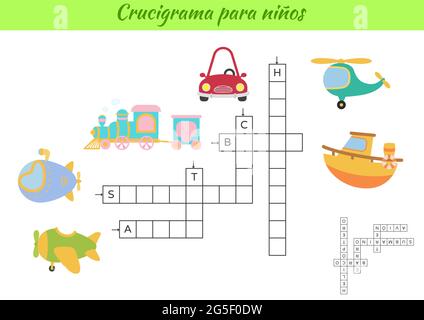 Mots croisés pour les enfants en espagnol avec des photos de transport. Jeu éducatif pour étudier la langue espagnole et les mots. Feuille de travail imprimable de l'activité enfants Illustration de Vecteur