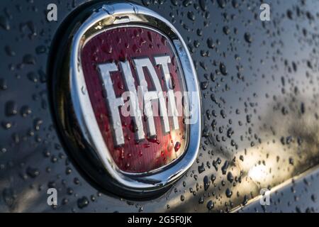 Gros plan à l'extérieur de l'emblème du logo de la société de voitures Fiat à l'arrière d'une Fiat 500 grise recouverte de gouttes d'eau Banque D'Images