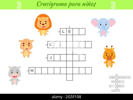 Mots croisés pour les enfants en espagnol avec des photos d'animaux. Jeu éducatif pour étudier la langue espagnole et les mots. Feuille de travail imprimable de l'activité enfants. Illustration de Vecteur