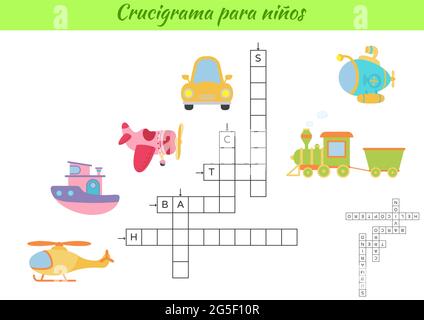 Mots croisés pour les enfants en espagnol avec des photos de transport. Jeu éducatif pour étudier la langue espagnole et les mots. Feuille de travail imprimable de l'activité enfants Illustration de Vecteur