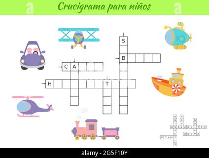 Mots croisés pour les enfants en espagnol avec des photos de transport. Jeu éducatif pour étudier la langue espagnole et les mots. Feuille de travail imprimable de l'activité enfants Illustration de Vecteur