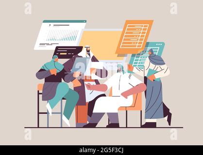 hommes d'affaires arabes analysant des données financières sur des graphiques et des graphiques rapport de planification analyse de marché comptabilité Illustration de Vecteur