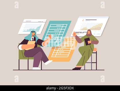 les hommes d'affaires arabes analysant des données financières sur des graphiques et des graphiques rapport de planification analyse de marché comptabilité Illustration de Vecteur