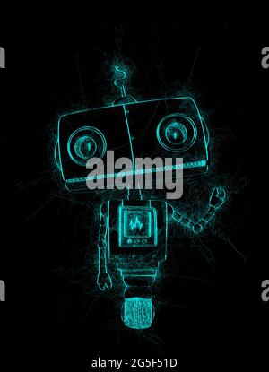 Petit joli robot esquisse sur fond noir Banque D'Images