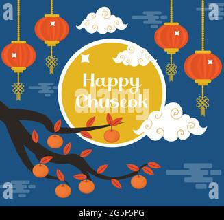 Happy Chuseok, carte du festival de la mi-automne, modèle d'affiche pour votre conception. Persimmons Tree Branch, Korean Thanksgiving et Harvest Festival. Vecteur Illustration de Vecteur