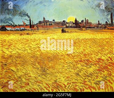 Vincent Van Gogh - champ de blé d'été en soirée avec le soleil 1888 Banque D'Images