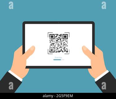 Illustration plate d'une main de Manager tenant une tablette numérique avec une lecture de code QR. Idéal pour les services bancaires ou les entreprises sur Internet - Vector Illustration de Vecteur