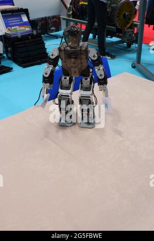Petit robot de forme humaine tenant des bannières à l'exposition d'une foire industrielle Banque D'Images