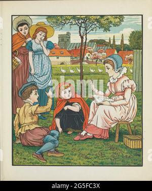 Goody Two Shoes de Walter Crane publié à Londres et New York par George Routledge and Sons 1874. The History of Little Goody Two-Shoes est une histoire pour enfants publiée par John Newbery à Londres en 1765. L'histoire a popularisé l'expression « Woody Two-Shoes » comme un descripteur pour une personne excessivement vertueuse ou un do-gooder. Le fable raconte Goody Two-Shoes, le surnom d'une pauvre fille orpheline nommée Margery Meanwell, qui passe par la vie avec une seule chaussure. Quand un homme riche lui donne une paire complète, elle est si heureuse qu'elle dit à tout le monde qu'elle a "deux chaussures". Plus tard, Margery devient un teac Banque D'Images