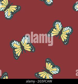 Motif vectoriel sans couture avec papillons jaunes sur fond rouge. Magnifique papier peint vintage été. Textile de mode de saison décoratif. Illustration de Vecteur