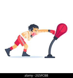 Boxe. Concept de sport pour enfants. Boxeur sportif garçon combattant dans des gants en salle de sport. Illustration vectorielle de dessin animé isolée sur fond blanc Illustration de Vecteur