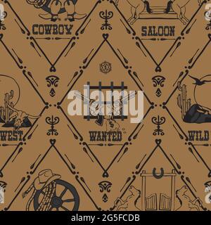 Motif vectoriel sans couture avec logo Texas vintage sur fond marron. Papier peint Wild West décoratif. Textile de mode de cow-boy. Illustration de Vecteur