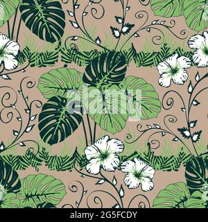 Motif vectoriel sans couture avec plantes de la jungle tropicale sur fond rose. Papier peint romantique en forêt tropicale avec fleurs blanches. Illustration de Vecteur