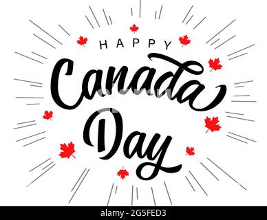 Bannière lettrage calligraphie de la fête du Canada. Fête nationale canadienne, 1er juillet avec texte vectoriel et feuille d'érable rouge. Célébration de l'anniversaire Illustration de Vecteur