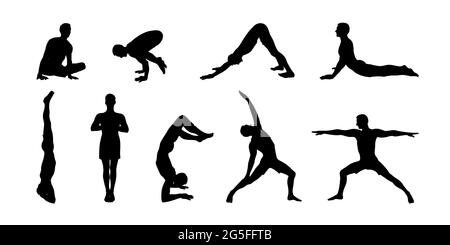 Ensemble d'asana de yoga. Ensemble de silhouettes noires pour hommes pour l'exercice d'illustrations de yoga. Illustration vectorielle d'esquisse dessinée à la main isolée sur fond blanc Illustration de Vecteur