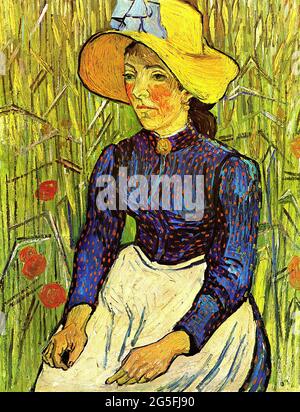 Vincent Van Gogh - Jeune fille paysanne chapeau de paille assis devant Wheatfield 1890 Banque D'Images