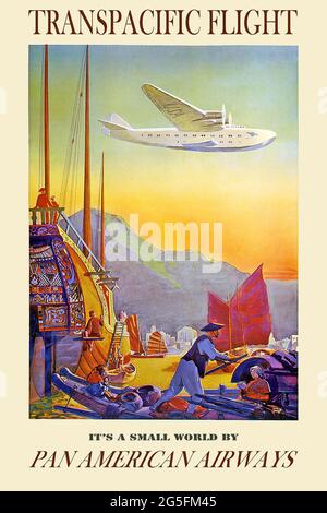 Affiche de voyage vintage pour les vols Transpacific avec Pan Am Banque D'Images