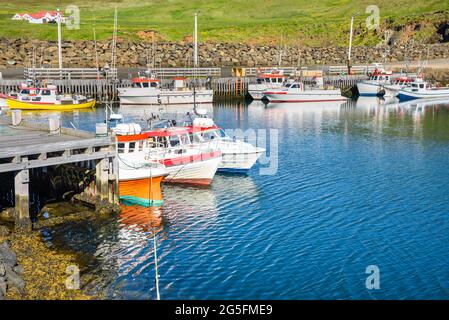 Bateaux de pêche dans un port par une belle journée d'été. Une ferme est visible en arrière-plan. Banque D'Images