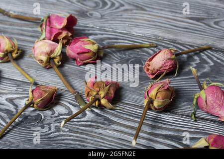 Bourgeons séchés de roses rouges. Sur les planches de pin brossé. Banque D'Images