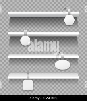 Tablettes avec contrepoids. Présentoir de supermarché vide avec des papillons publicitaires. Des modèles vectoriels de rayon chancelants et réalistes. Étiquettes à suspendre carrées, ovales, hexagonales et rondes Illustration de Vecteur