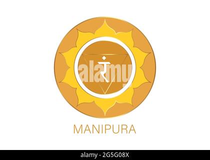 Manipura, symbole chakra du plexus solaire. Modèle de logo jaune, mandala coloré. Illustration vectorielle de l'élément de méditation spirituelle isolée sur le dos blanc Illustration de Vecteur