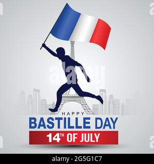 Happy bastille Day Vector Template Design Illustration design. Silhouette man Running French Flag Illustration de Vecteur